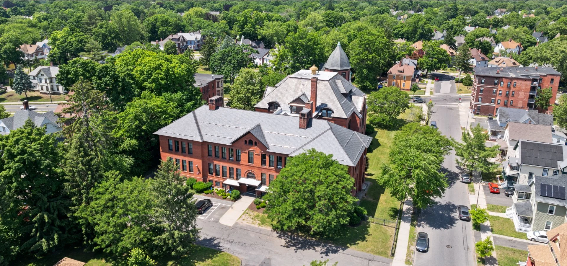 aerial view of Tapley Court building rear exterior